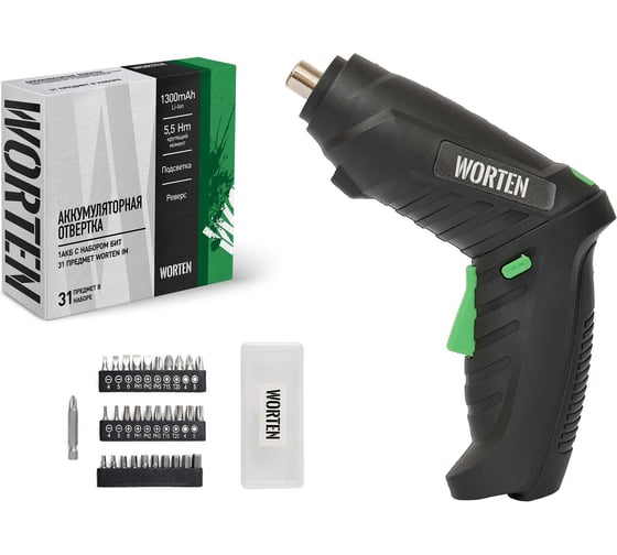 Изображение товара Аккумуляторная отвертка WORTEN 4В, 1АКБ, 1,3 Ач, с набором бит 31 предмет КА-90000327