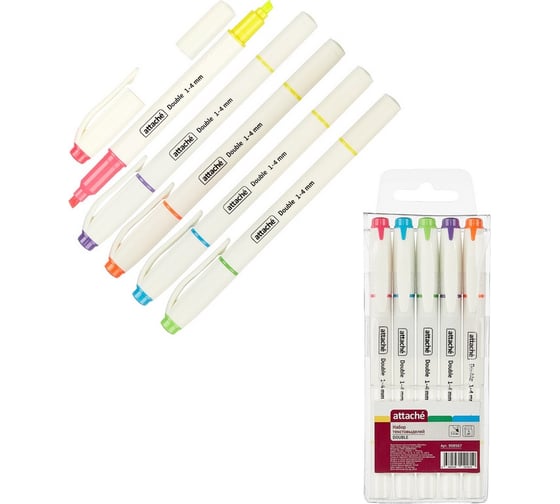 Изображение товара Маркер Attache Double выделитель текста 1-4 мм набор 6 цветов, 5 маркеров, 5 шт 958567