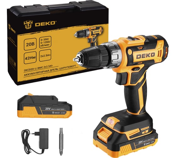 Изображение товара Дрель-шуруповерт аккумуляторная DEKO DKCD20-Li в кейсе, 20В, 2x2.5Ач 085-1123