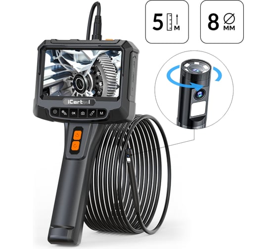 Изображение товара Видеоэндоскоп промышленный с вращением камеры iCarTool экран 5", 2 камеры 2Мп, 1920x1080, 5м, 8мм зонд, iCar IC-VC700R-5
