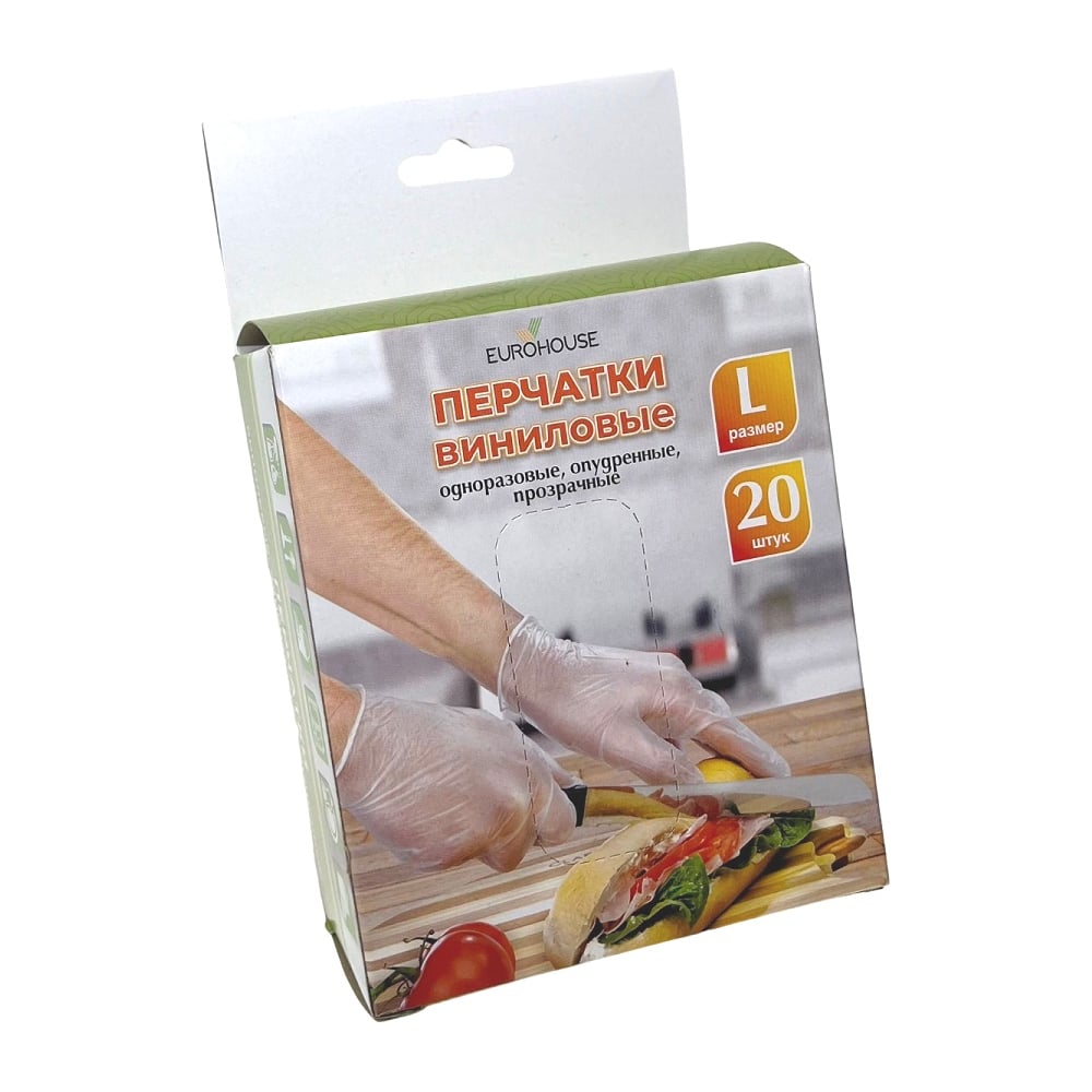 Изображение товара Виниловые одноразовые перчатки EUROHOUSE 20 шт универсальные в цветной коробке
