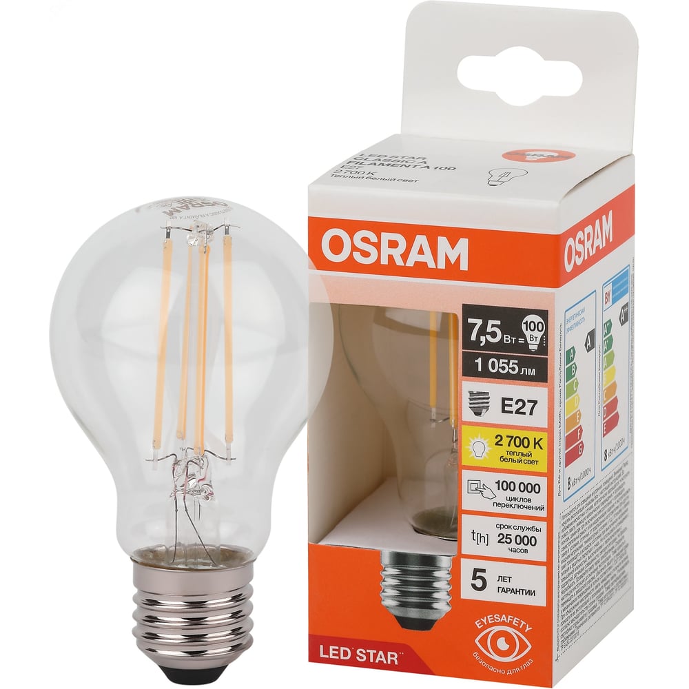 Изображение товара Лампочка светодиодная филаментная OSRAM LSCLA100 7,5W/827230VFILCLE2710x1RU 4058075684126