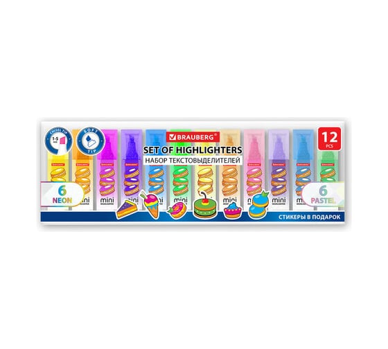 Изображение товара Набор текстовыделителей BRAUBERG мини с принтами, 12 цветов, 6 неоновых цветов + 6 пастельных цветов, линия 1-5 мм 152537