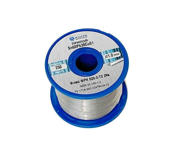 Изображение товара Припой оловянно-свинцовый с медью с канифольным флюсом Sn60Pb39Cu01 ФРК525-2-Т2 1.0мм 250г ИЗАГРИ