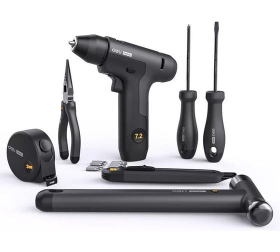 Изображение товара Набор ручного инструмента + шуруповерт DELI Home Series Black HT0208 8 предметов, софттач, Cr-V сталь 170248