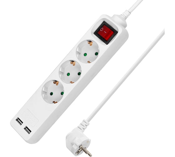 Изображение товара Удлинитель сетевой TDM ELECTRIC 3 розетки, 2 USB 2,4А 1,5 м, с выключателем, ПВС 3х0,75 мм2 10А 250В белый SQ1303-0303