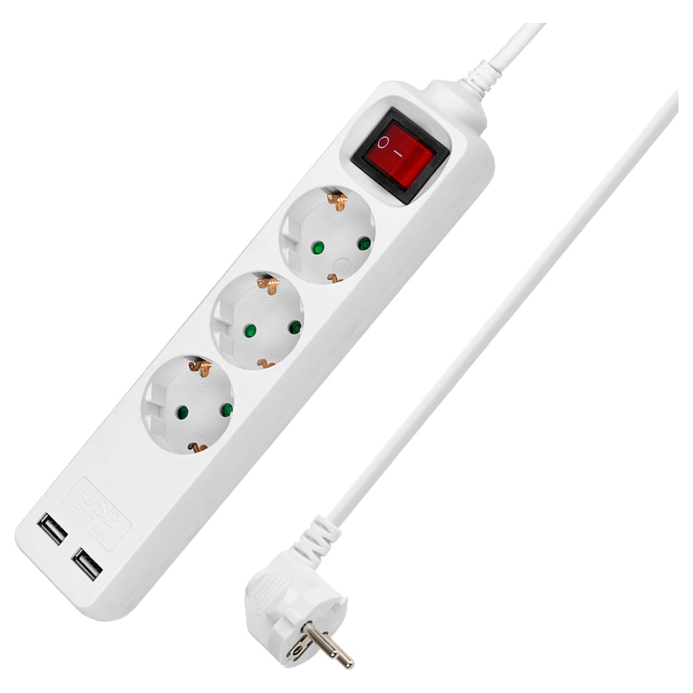 Изображение товара Удлинитель сетевой TDM ELECTRIC 3 розетки и USB 2,4А 3м с выключателем белый