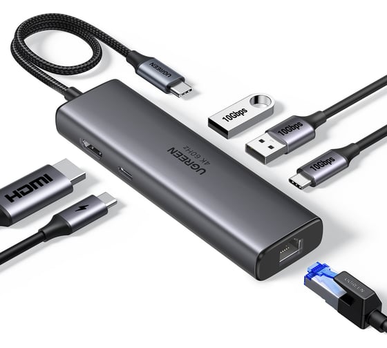 Изображение товара Конвертер Ugreen CM512 (45000) USB-C to HDMI+2USB 3.2 A+1USB 3.2 C+RJ45+PD Power Converter. Цвет: серый 45000_