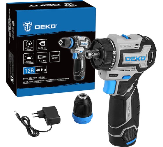 Изображение товара Дрель-шуруповерт аккумуляторная бесщеточная компактная DEKO Loner 12V PRO со съёмным патроном, 12В, 1x3.0Ач 085-1121