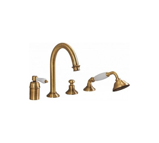 Изображение товара Смеситель на борт ванны Cezares однорычажный с выдвижным душем и переключателем, исполнение бронза, ручки белые APHRODITE-BVDM-02-Bi