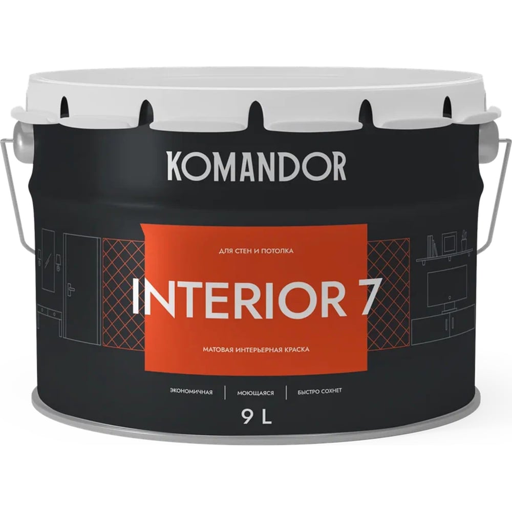 Изображение товара Краска акриловая KOMANDOR INTERIOR 7 база C, 9 л для стен и потолков