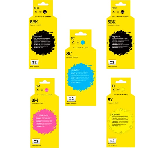 Изображение товара Комплект картриджей T2 (CLI-8BK;CLI-8C;CLI-8M;CLI-8Y;PGI-5PGBK) для Canon: PGI-5BK/CLI-8, пигментный IC-CCLI-8_MP