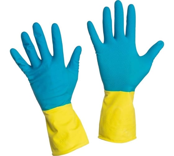 Изображение товара Перчатки хозяйственные латексные MASTER БИКОЛОР ЛЮКС размер S (синий+желтый) 144 ИМПОРТ 405-131