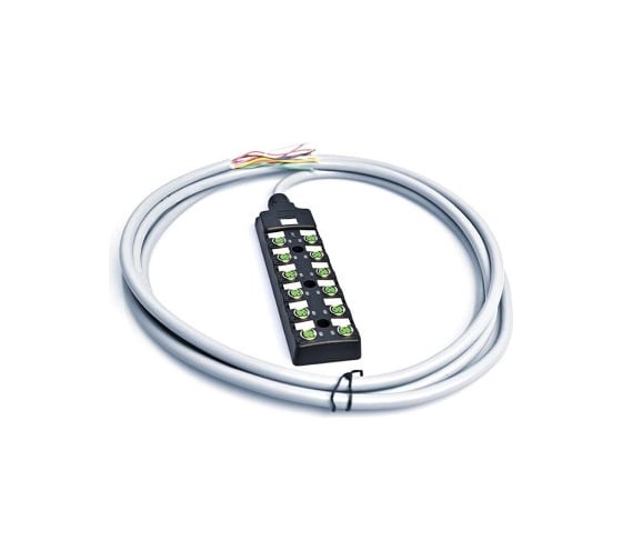 Изображение товара Распределительная коробка VELLEDQ M8-A3-12K3P-3.0PVC/GY разъем М8, портов 12, 3pin, PNP, кабель ПВХ серый 3м, 08-00034579