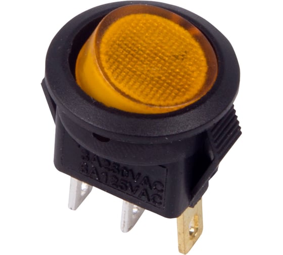 Изображение товара Выключатель клавишный REXANT круглый 250V 3А (3с) ON-OFF желтый с подсветкой Micro (RWB-106, SC-214) 36-2532