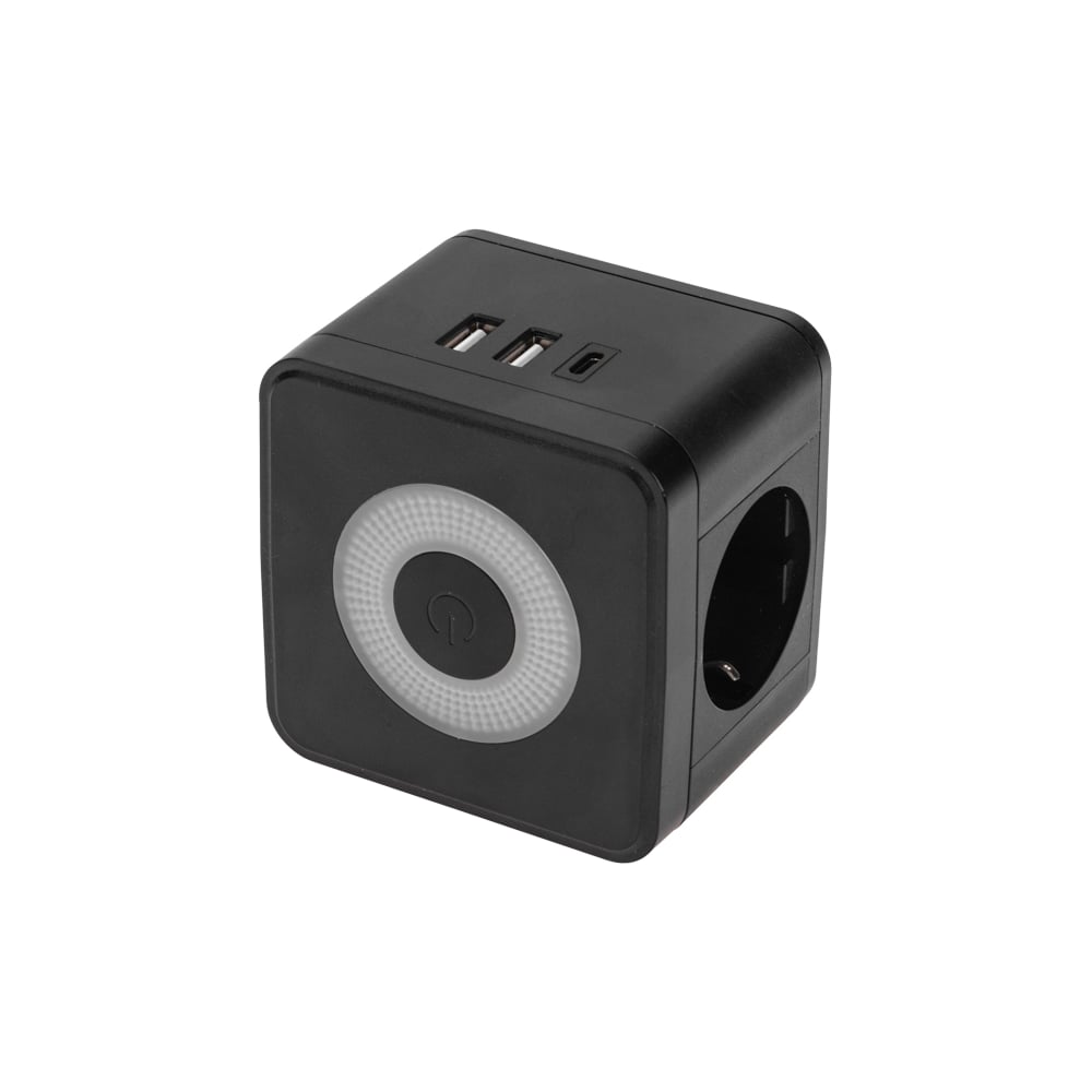 Изображение товара Двойник электрический REXANT Куб 16А с заземлением и USB-портами черный