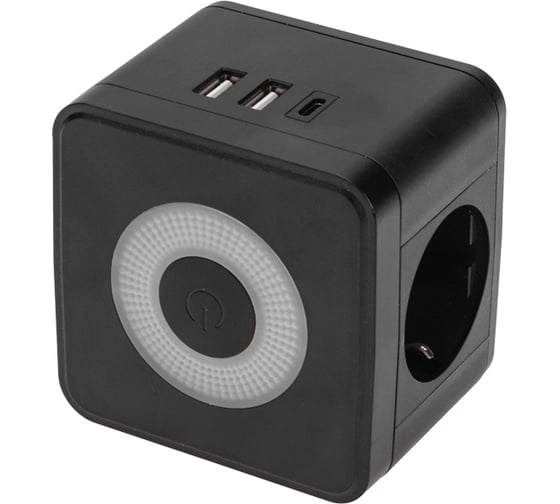 Изображение товара Двойник электрический REXANT Куб 16А с заземлением + 2хUSB-A 2,4А + USB Type-C 3А с ночной подсветкой, черный 11-1252