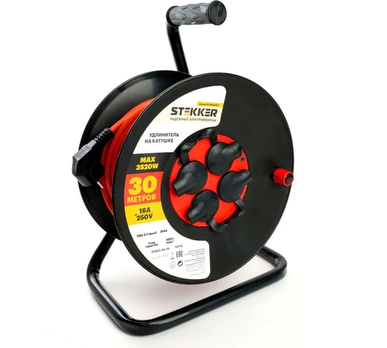 Изображение товара Удлинитель на катушке 4-местный STEKKER STD03-44-30 Standart с заземлением ПВС 3х1,5, оранжевый, 16А, IP44, 30м, 29407 50172