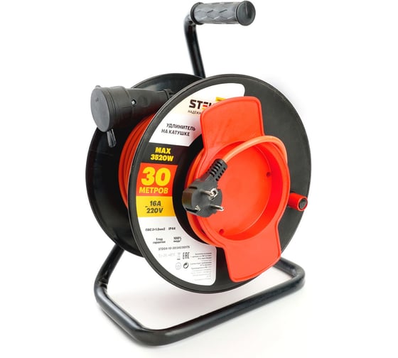 Изображение товара Удлинитель на пластиковой катушке 1-местный STEKKER STD04-10-30 (UG) с заземлением 3х1,5, 30м, 250В, 16А, IP44, Standart, 29409 50175
