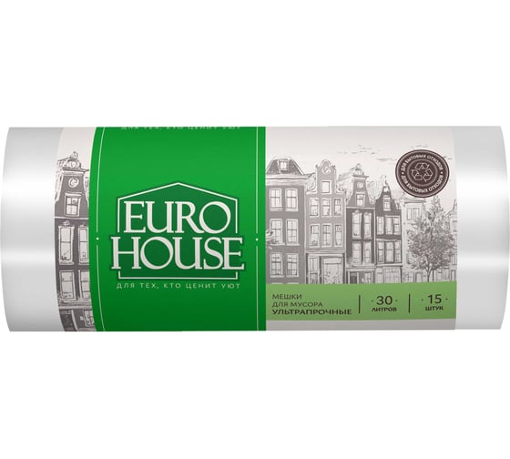 Изображение товара Мешки для мусора EUROHOUSE ультрапрочные, 30 л/15 шт, ПВД, 28 мкм, 45*55 см, белые 16439