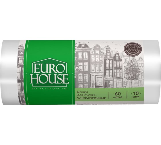 Изображение товара Мешки для мусора EUROHOUSE ультрапрочные, 60 л/10 шт, ПВД, 30 мкм, 55*75 см, белые 16440