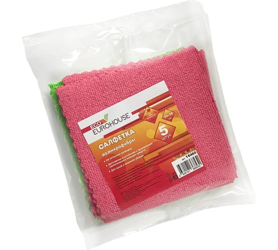 Изображение товара Салфетка из микрофибры EUROHOUSE 30х30 см, 5 шт, Плотность: 170 гр/м2. Состав: 80% полиэстер 20% полиамид 16465
