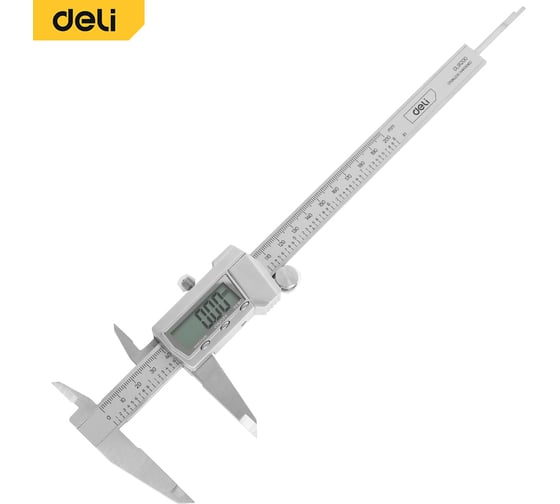 Изображение товара Электронный штангенциркуль DELI 200мм DL91200 метрическая/дюймовая конвертация, нержавеющая сталь, 3 кнопки управления, светодиодный дисплей, 1,5В SR44 133459
