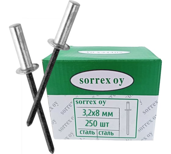 Изображение товара Заклепка вытяжная SORREX глухая (закрытая), сталь/сталь, 3.2x8 мм OY, 250 штук SSD 32800 CE 250