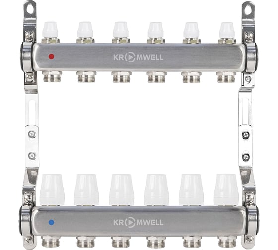 Изображение товара Коллекторный блок из нерж. cтали KROMWELL с термостат. вставками и запорными клапанами, 1x3/4x6 KW.SM6500665