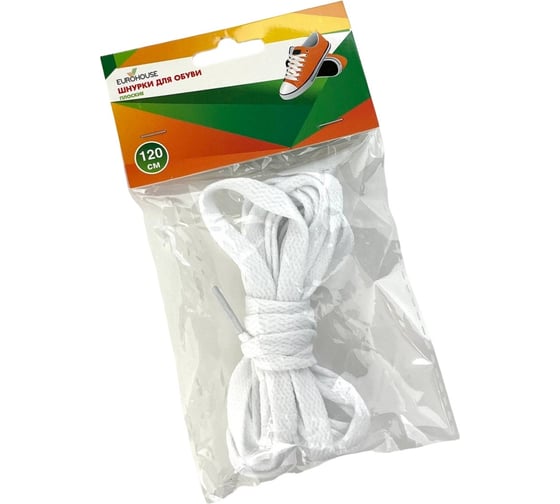 Изображение товара Шнурки для обуви EUROHOUSE плоские, 0,8х120 см, полиэстер, пластик. цвет: белый, черный 16326
