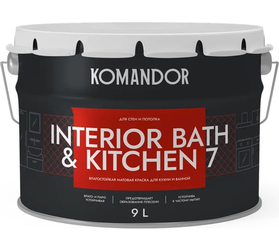 Изображение товара Краска KOMANDOR INTERIOR BATH AND KITCHEN 7 влагостойкая, база А, 9 л 271002