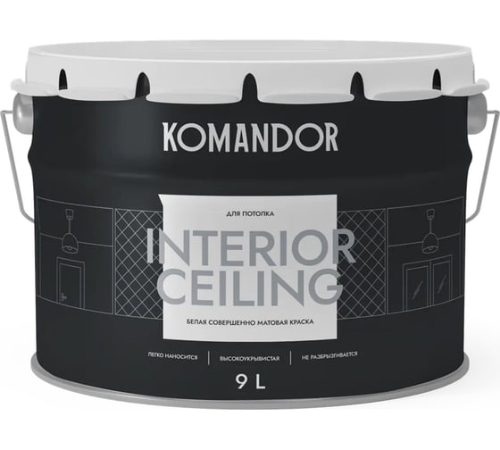 Изображение товара Краска KOMANDOR INTERIOR CEILING для потолков, белая, 9 л 270987