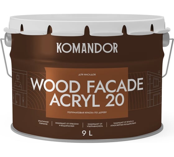 Изображение товара Краска по дереву KOMANDOR WOOD FACADE ACRYL 20 база С, 9 л 274692