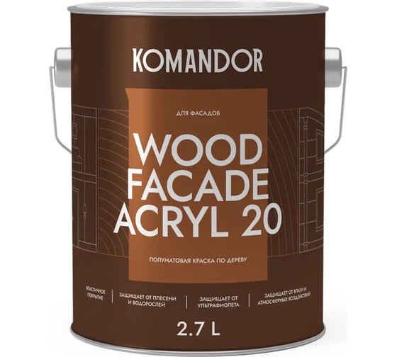 Изображение товара Краска по дереву KOMANDOR WOOD FACADE ACRYL 20 база А, 2.7 л 271052
