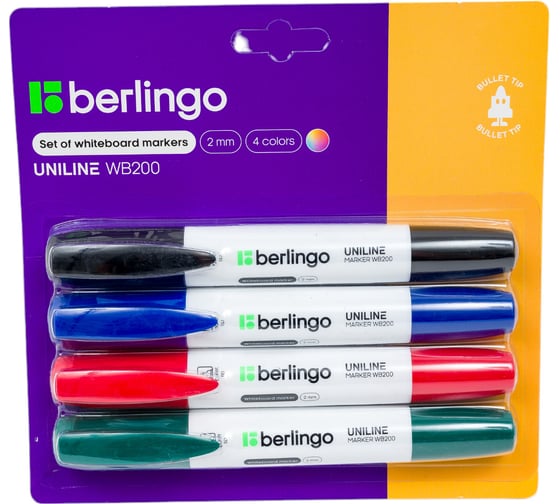 Изображение товара Набор маркеров для белых досок BERLINGO WB200 4 цвета, пулевидный, 2 мм, блистер BMc_40509