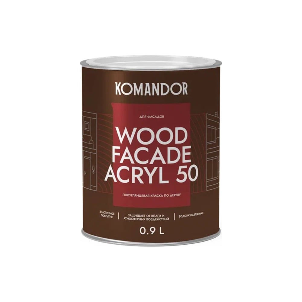 Изображение товара Краска по дереву KOMANDOR WOOD FACADE ACRYL 50 база А 0.9л белая для внутри и снаружи помещений