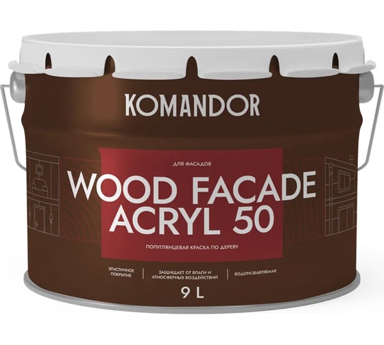 Изображение товара Краска по дереву KOMANDOR WOOD FACADE ACRYL 50 база А, 9 л 271058