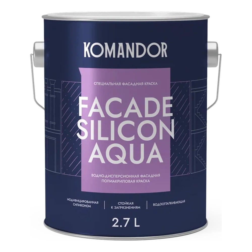 Изображение товара Фасадная краска KOMANDOR FACADE SILICON AQUA водоотталкивающая, база А, 2.7 л 271022