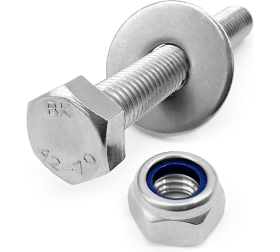 Изображение товара Болт KREPFIELD нержавеющий, М8х60 мм, DIN 933, с самоконтрящейся гайкой и шайбой, 10 шт. 933_985_9021А2набор8Х60-10