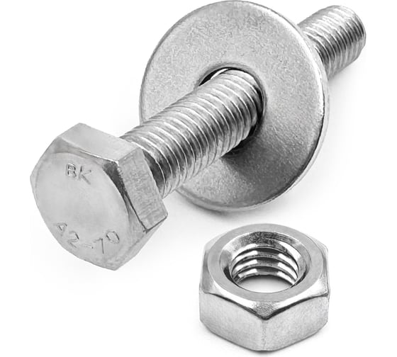 Изображение товара Болт KREPFIELD нержавеющий, М6х35 мм, DIN 933, с шестигранной гайкой и шайбой, 10 шт. 933_934_9021A2набор6Х35-10