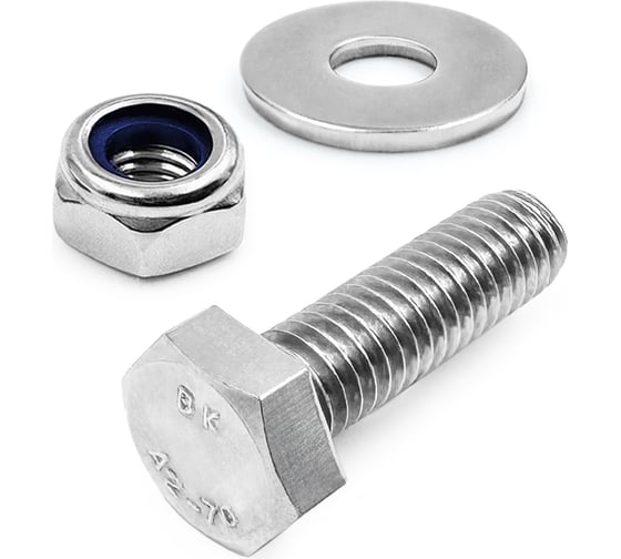 Изображение товара Болт KREPFIELD нержавеющий, М6х20 мм, DIN 933, с самоконтрящейся гайкой и шайбой, 10 шт. 933_985_9021А2набор6Х20-10