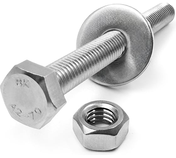 Изображение товара Болт KREPFIELD нержавеющий, М8х60 мм, DIN 933, с шестигранной гайкой и шайбой, 10 шт. 933_934_9021A2набор8Х60-10