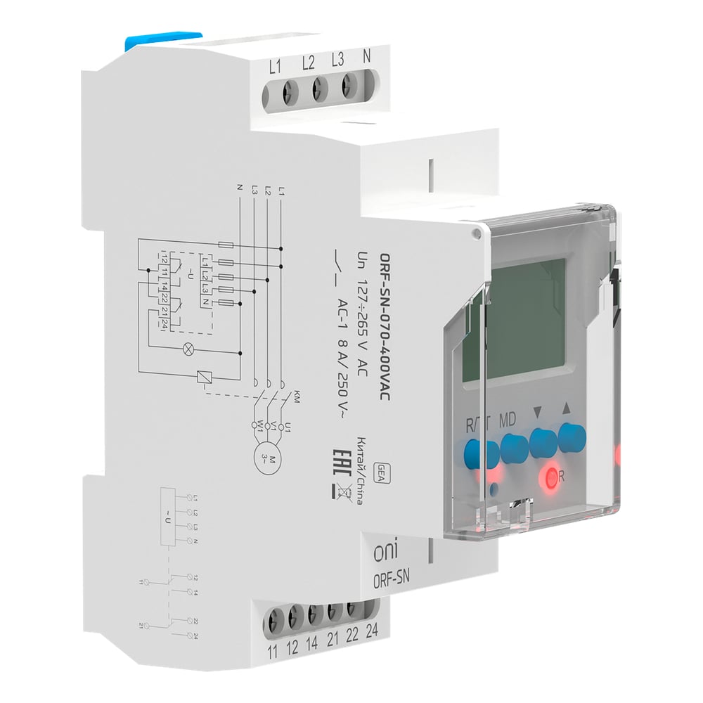 Изображение товара Реле фаз ONI ORF-SN 3ф. 2 контакта 70-400В AC с контролем нейтрали