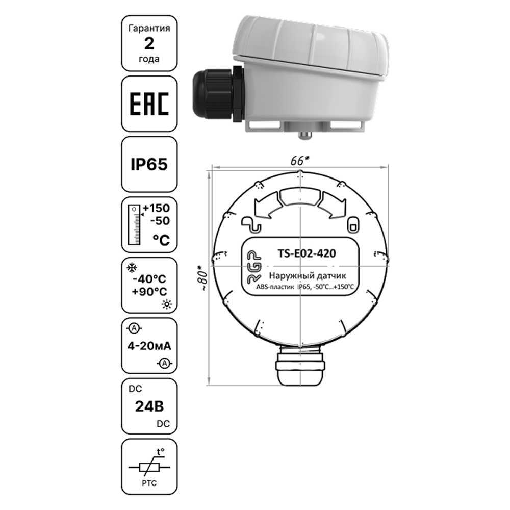 Изображение товара Преобразователь температуры наружного воздуха RGP TS-E02-420 4-20мА встроенный датчик