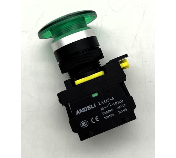 Изображение товара Кнопка ANDELI LA115-A5-10MD/11 Грибок зеленый 1НО AC220V (LED) ADL10-351