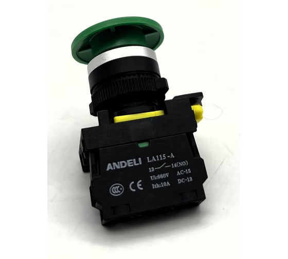 Изображение товара Кнопка ANDELI LA115-A5-10M/13 Грибок зеленый 1НО IP65 ADL10-346