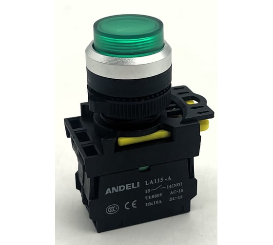 Изображение товара Кнопка ANDELI LA115-A5-10GND/3 1НО возвратная удлиненная зеленый с LED подсветкой AC220V артикул ADL10-267