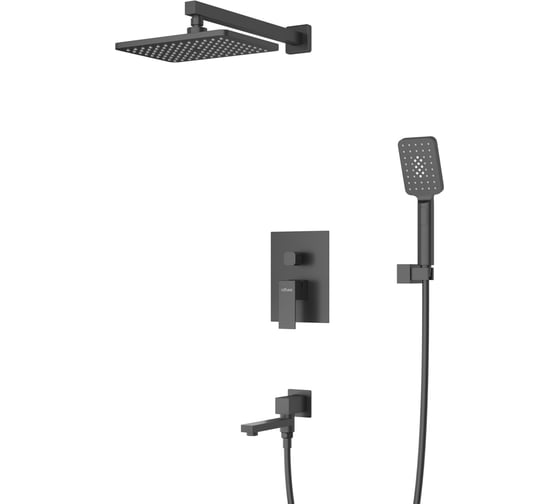 Изображение товара Душевой комплект встраиваемый с изливом Cezares смеситель, верхний душ, ручной душ со шлангом, излив, штуцер с держателем, черный матовый SLIDER-VDSET-NOP