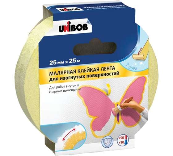 Изображение товара Малярная лента UNIBOB Профи 25 мм х 25 м, для изогнутых поверхностей, желтый 211736