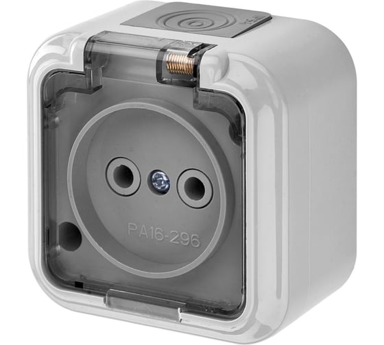 Изображение товара Розетка Bylectrica 1-местная ОУ P54, с прозрачной крышкой, серия ПРАЛЕСКА АКВА, серый, РА16-296 02